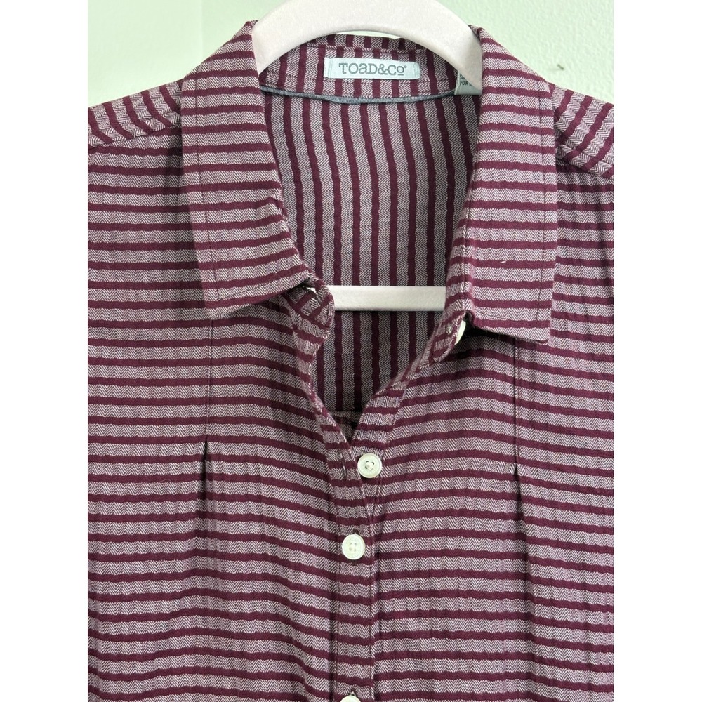 Toad & Co Women's Medium Burgundy Striped Herringbone Tunic Shirt Dress Pockets - Picture 6 of 7